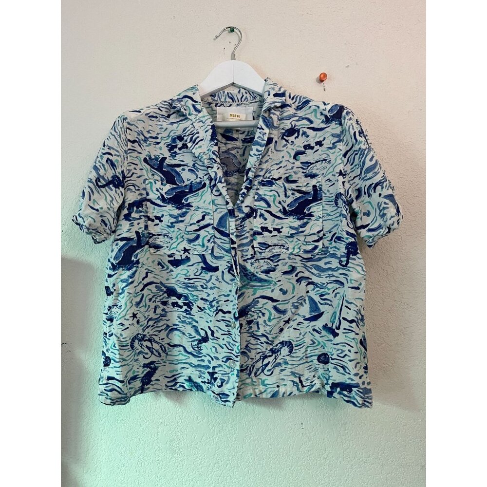 Maeve Anthropologie Women Nautical Print Short Sleeve Button-Up Shirt Small Blue